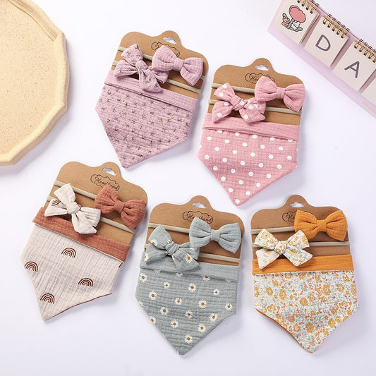 3Pcs/Set Muslin Cotton Baby Bib with Two Matching Bow Headbands