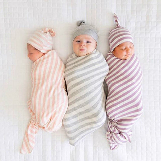 Striped Swaddle and Knotted Hat sets